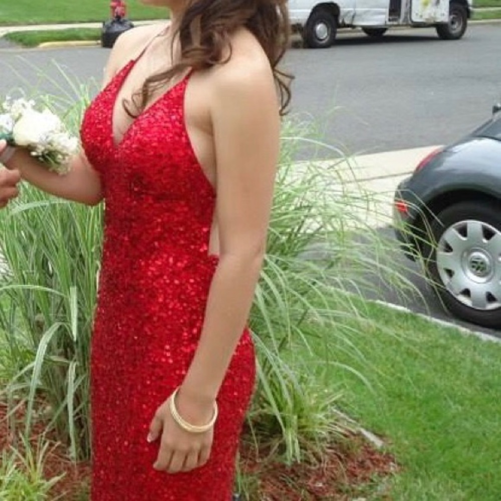 Red sequin prom dress